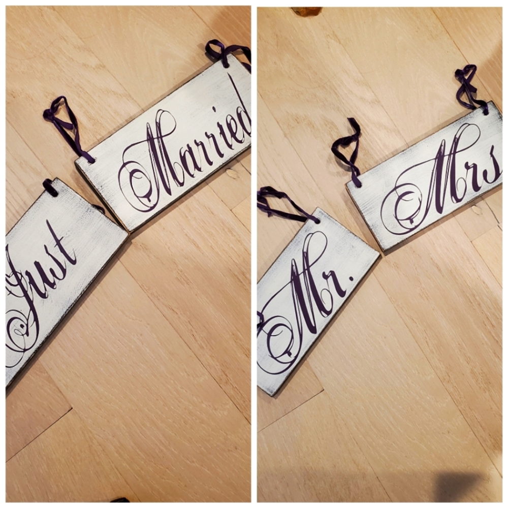 Handmade Wooden Purple Reversible Just Married Mr. Mrs. Wooden Signs